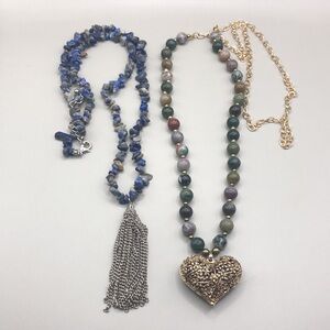Curated bundle 2 stone gemstone long necklaces boho festival dress up layer